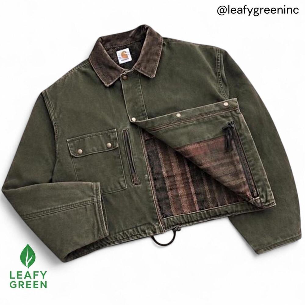 Green MOS Carhartt Detroit Trucker Jacket Pearl Snap Crop US sz S Boxy Earth